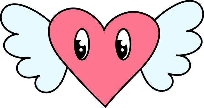 Fashionable retro cartoon heart character. Heart with wings. Groovy style, vintage, aesthetics of the 70-60s. Groove style. Valentine's Day. Vector illustration