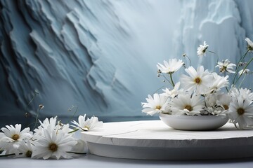 round platform podium with white daisy flowers on stone background, template for montage or product advertising presentation - obrazy, fototapety, plakaty