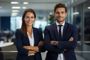 Male and female business couple posing smiling at their business office looking at the camera, portrait of male and female in the office