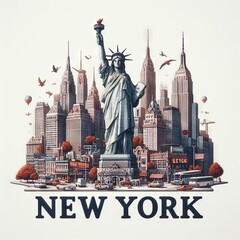 Illustration of New York city landmarks in white background