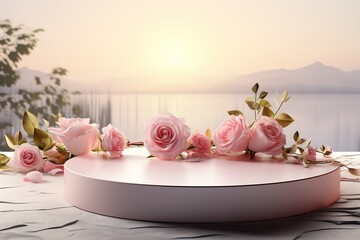 white round platform podium with gentle pink roses flowers on blurred background, template for montage or product advertising presentation