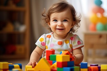 cute happy curly child smiling playing with colorful blocks at home