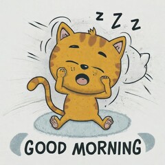 Cute cat cartoon with good morning written below
