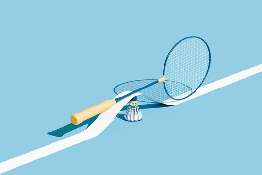 Conceptual idea with badminton sport equipments, racket and shuttlecock on court. 3d illustration, render.