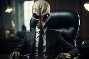 portrait of an humanoid alien in a business suit in office - obrazy, fototapety, plakaty