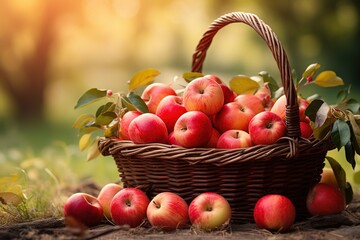 basket of ripe red organic apples on a blurred garden background