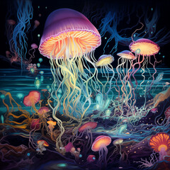 Glowing jellyfish, algae, shellfish and seaweed, psychedelics. Generative AI