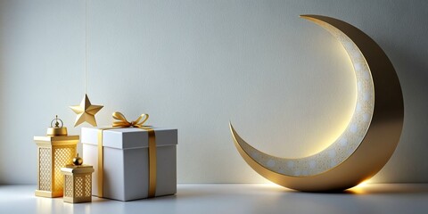 Islamic background lantern gold crescent moon on white Design concept of Ramadan Kareem Eid Mubarak