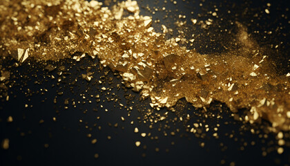 Wide gold glitter falling particles. Copy space. Space for text. Golden glitter festive background for invitation, gift card, gift voucher. invitation. Particle explosion.
