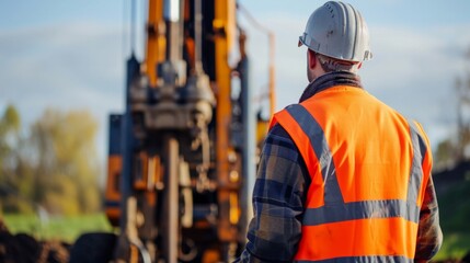 Worker drilling into the earth with his well drilling machine to extract water. Drilling equipment, drills well for water extraction