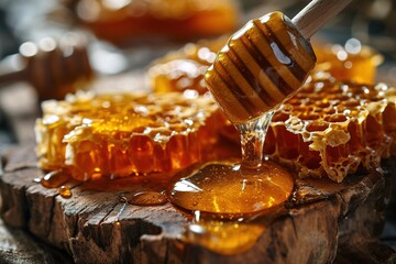 closeup wooden honey spoon with honey flowing onto honeycombs on wooden background - obrazy, fototapety, plakaty