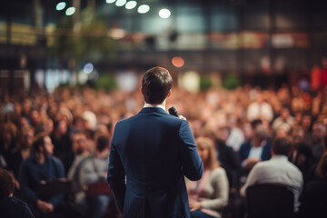Motivational speaker with microphone performing on stage - Powered by Adobe