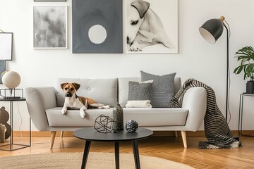 Stylish and Scandinavian living room interior of modern apartment with gray sofa, design wooden commode, black table, lamp, abstract paintings on the wall. Beautiful dog lying on the couch. Home décor
