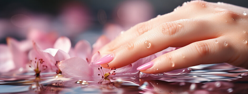 wide manicure banner background image with beautiful fingers of a lady hand with polished pink color nails and smooth skin color 