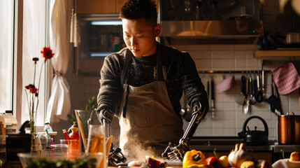 Asian chef cooking with two prosthetic arms - obrazy, fototapety, plakaty