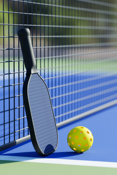Pickleball sport equipments, paddle and basket of balls on court leaning against the net. 3d illustration, render. Selective focus, copy space