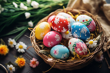 Fototapeta na wymiar Easter eggs in the basket on wooden table
