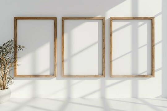 Three wooden frame on white wall, frame mockup, 3d render