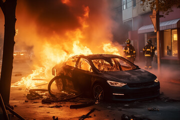 Electric car on fire, firefighters on the scene