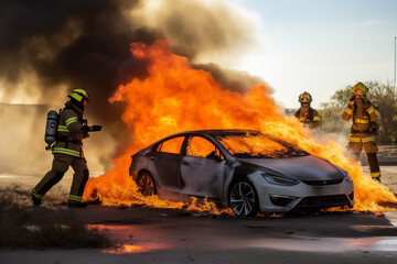 Electric car on fire, firefighters on the scene