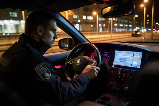 Inside Police Traffic Patrol Squad Car: White Male Police Officer on Duty Uses Laptop to Check Crime Suspect Background, License Numbers, License and Registration. Officer of the Law Fight Crime