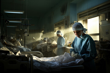 Surgeon inside hospital room during war. Military hospital concept