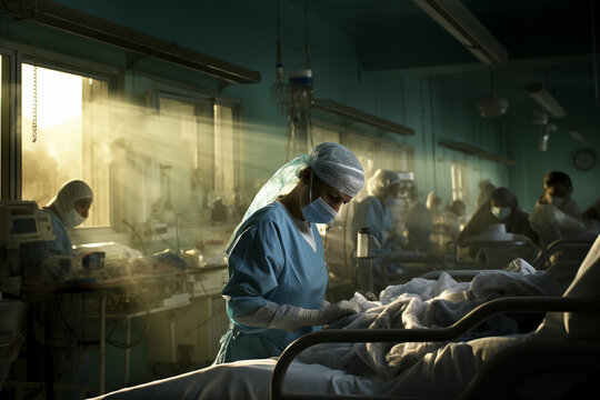 Surgeon inside hospital room during war. Military hospital concept