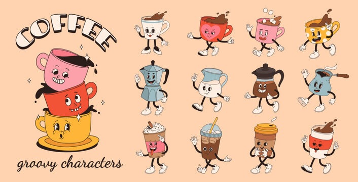 Retro groovy set with coffee mascot, cartoon characters, funny colorful doodle style characters, cappuccino, cocoa, latte, espresso and americano. Vector illustration on beige isolated background. - Powered by Adobe