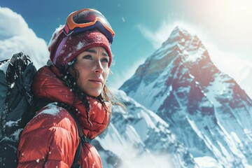 Portrait of climber reaches the top of mountain peak