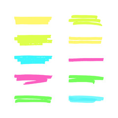 Marker highlight brush lines set. Hand drawn multicolor underline transparent elements.