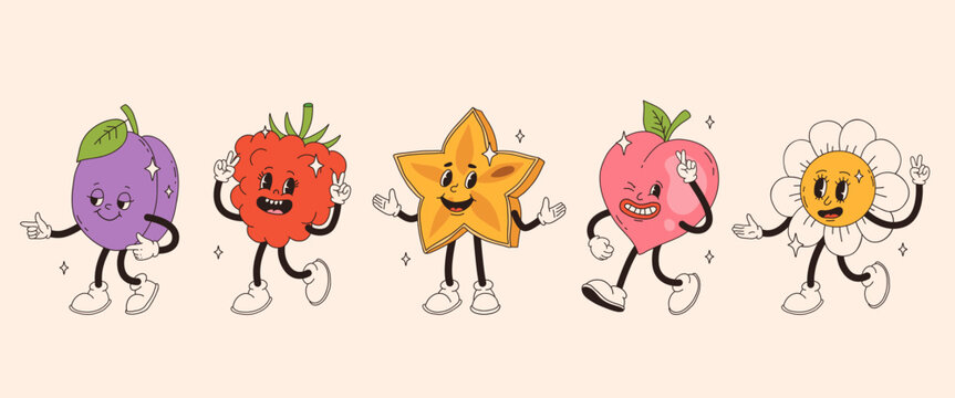 Retro groovy fruit characters. Funky cartoon mascot of plum raspberry karambola peach and daisy flower with happy smile face. Funny vintage trendy style character.