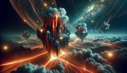Surreal landscape of towering rock formations amidst glowing lava flows and ethereal clouds, under a starlit sky.
