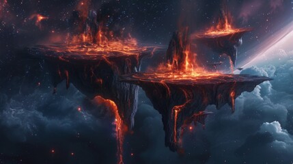 Fantasy floating islands with cascading lava and illuminated peaks, set against a nebulous cosmic backdrop.
