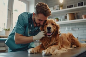 Young man vet with dog in vet clinic