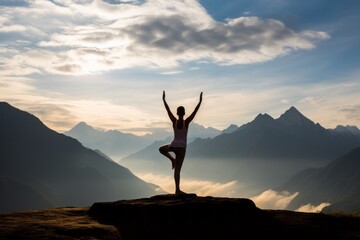 Woman in vibrant yoga pose standing on a mountain peak with views of mountain ranges and clouds