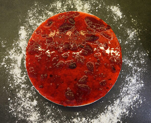 Strawberry cheesecake flavored gelato - full frame detail. Close up of the white surface texture of the strawberry cheesecake ice cream topped with biscuit crumbs and strawberry sauce. . High quality