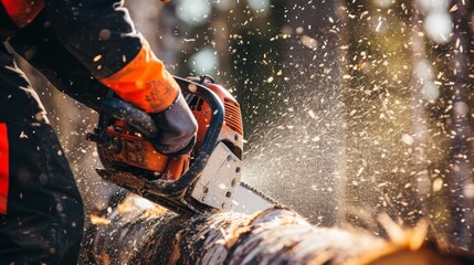 Precision at Work: Close-Up of Construction Worker Operating Gasoline Chainsaw