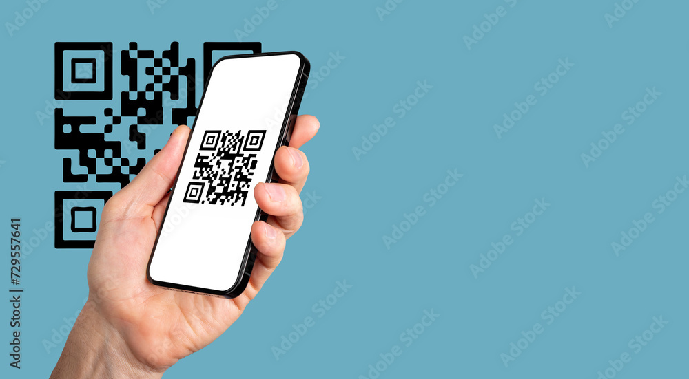 Poster Scanning QR code with mobile phone app. QRcode scanner on smartphone screen in hand. Banner