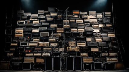 Wall of guitar amps stacked on the stage