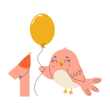 Bird with number one. Vector cartoon doodle isolated on white background. Ideal for celebrating birthdays, moon ages