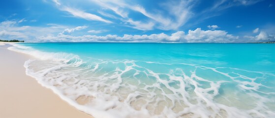 beautiful sandy beach and soft blue ocean wave. Сopy space for a product
 - obrazy, fototapety, plakaty