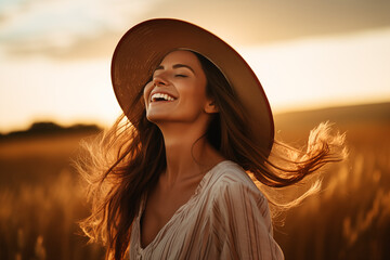 Backlit Portrait of calm happy smiling free woman with closed eyes enjoys a beautiful moment life on the fields at sunset
