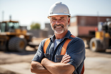 Construction worker at construction site and smiling
