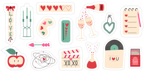 Set of stickers with Valentine's Day elements. Cute romantic vector. Cartoon style.