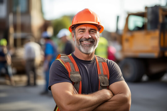Construction worker at construction site and smiling