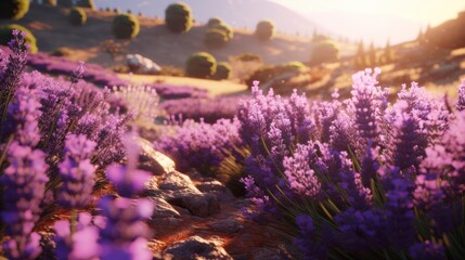Obraz premium Lavender flowers in the mountains at sunset. Summer landscape.