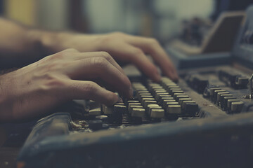 A close-up image capturing an old man typing on an old typewriter, focusing on his hands as they press the keys. - obrazy, fototapety, plakaty