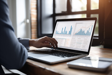 Businessman analyzing business diagram, marketing statistics and finance market graphs on laptop in the office
