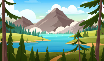 Mountain lake landscape. Vector horizontal illustration of spring summer nature with field, lake, river, forest, pine trees, grasslands meadow, mountains. Green hills and valley panorama. Spring time