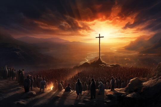 Crowd of people worshiping the cross durign suset golden sky, Jesus christ, easter